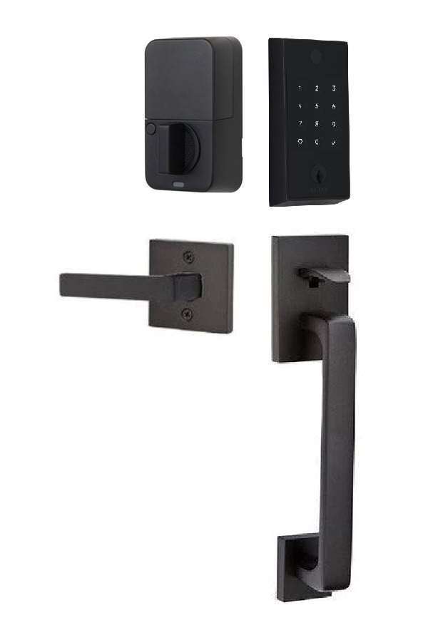 The Emtek EMPowered 2 Touch Entry Set with Baden Grip and Interior Dumont Lever in Flat Black finish.