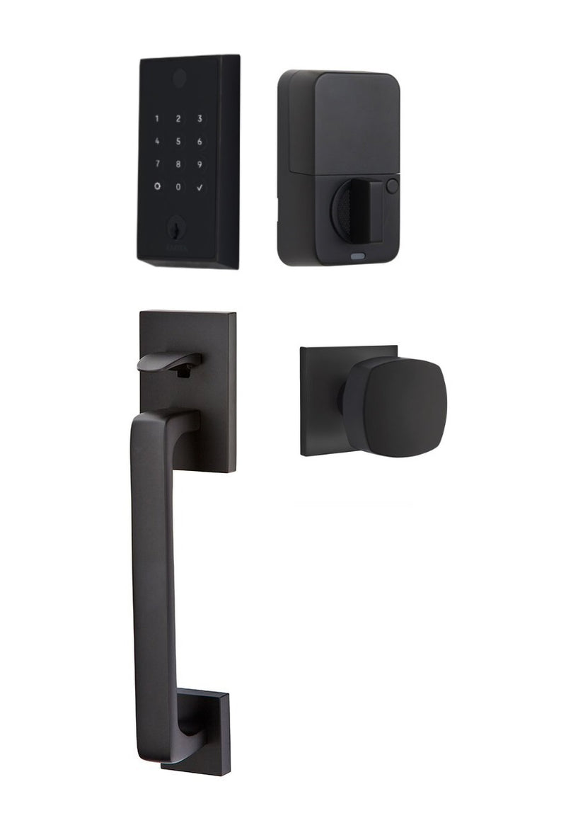 The Emtek EMPowered 2 Touch Entry Set with Baden Grip and Interior Freestone Knob in Flat Black finish.