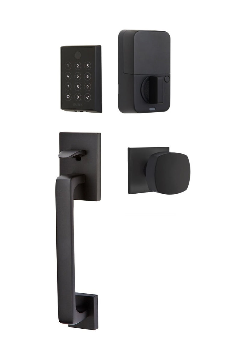 The Emtek EMPowered 2 Touch Entry Set with Baden Grip and Interior Freestone Knob in Flat Black finish.