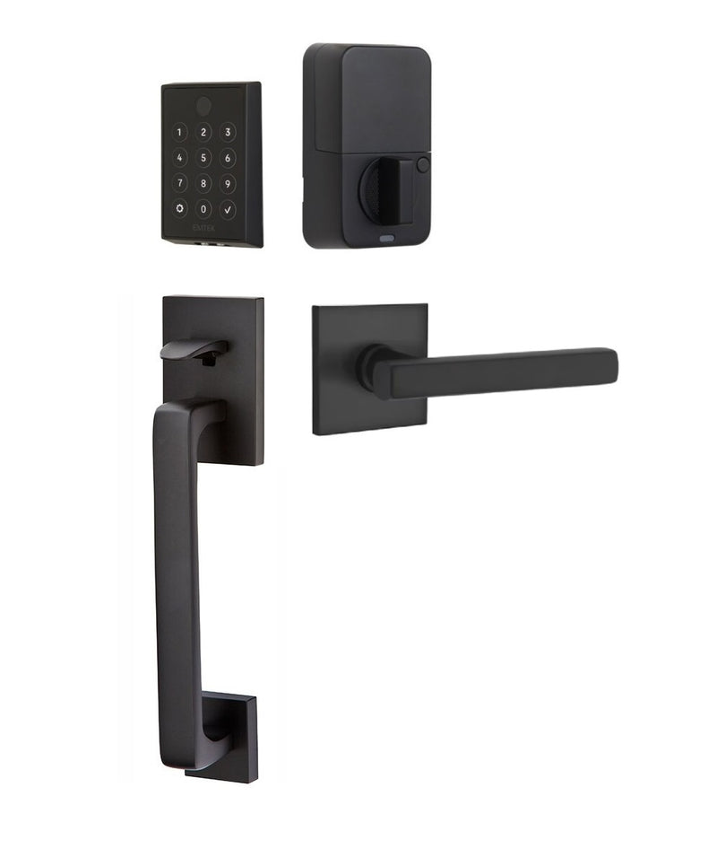 The Emtek EMPowered 2 Touch Entry Set with Baden Grip and Interior Freestone Lever in Flat Black finish.