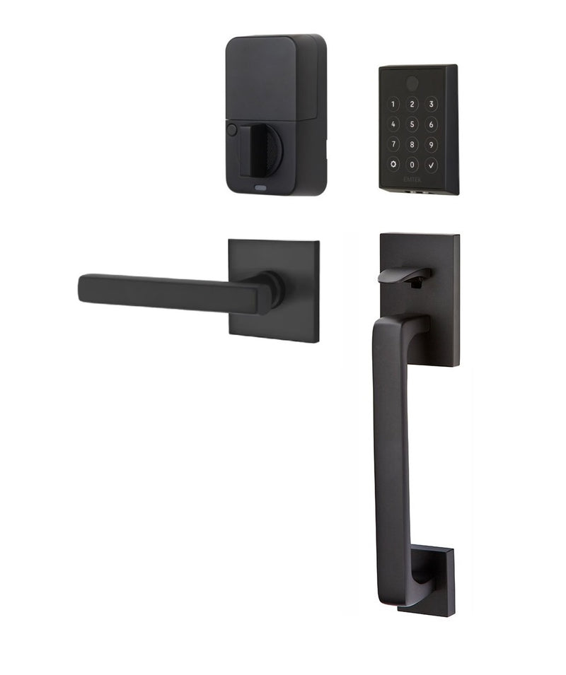 The Emtek EMPowered 2 Touch Entry Set with Baden Grip and Interior Freestone Lever in Flat Black finish.