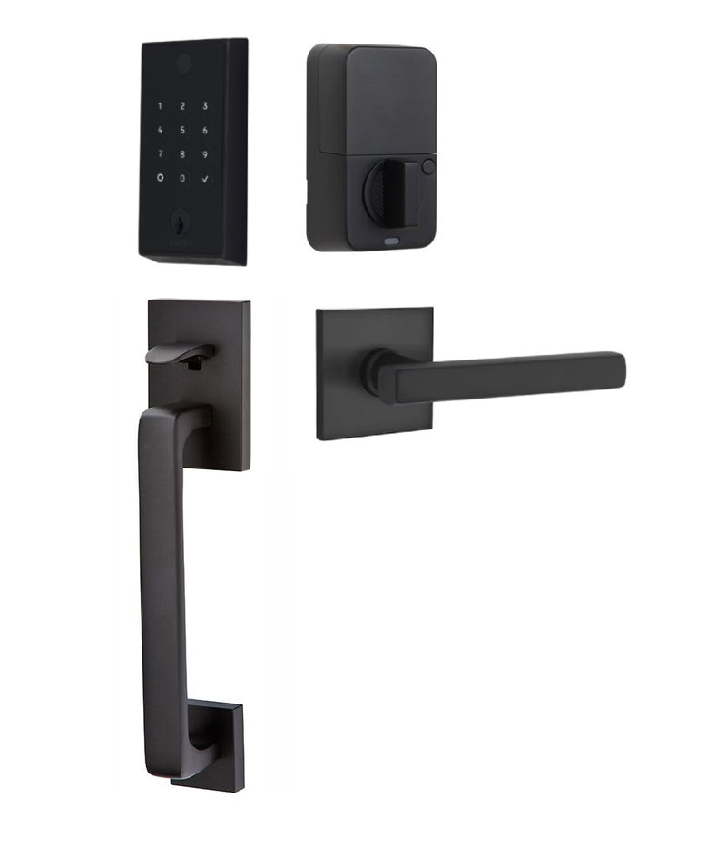 The Emtek EMPowered 2 Touch Entry Set with Baden Grip and Interior Freestone Lever in Flat Black finish.