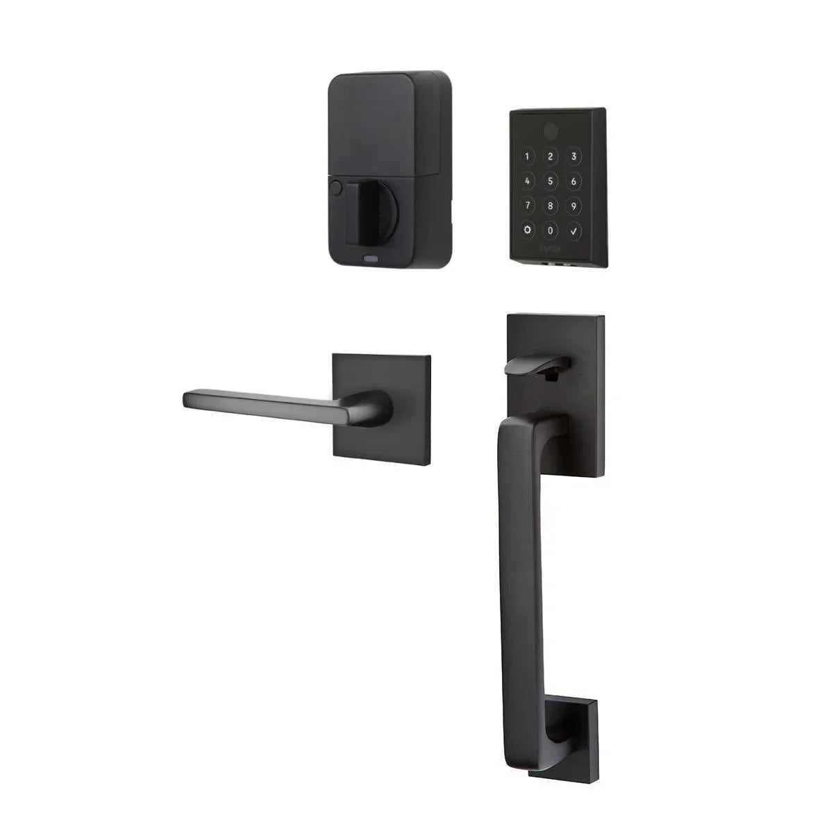 The Emtek EMPowered 2 Touch Entry Set with Baden Grip and Interior Helios Lever in Flat Black finish.