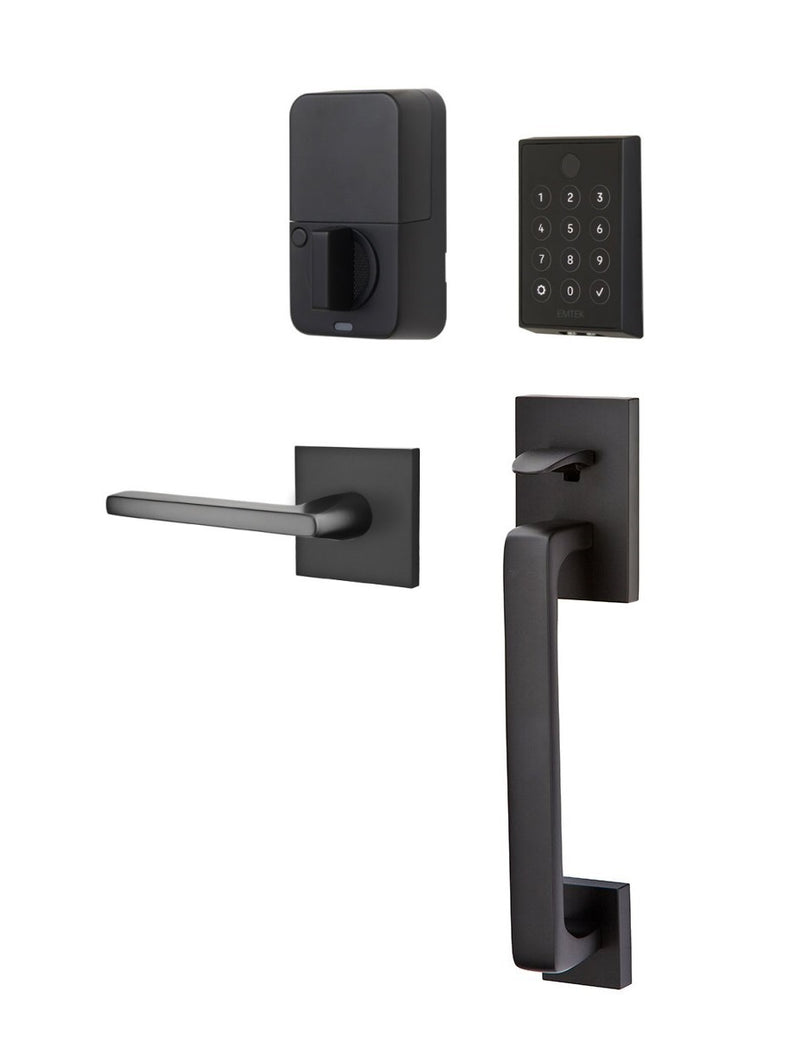 The Emtek EMPowered 2 Touch Entry Set with Baden Grip and Interior Helios Lever in Flat Black finish.