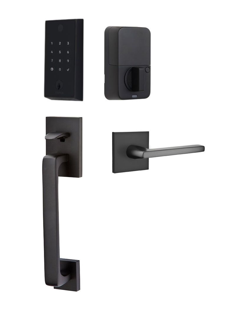 The Emtek EMPowered 2 Touch Entry Set with Baden Grip and Interior Helios Lever in Flat Black finish.