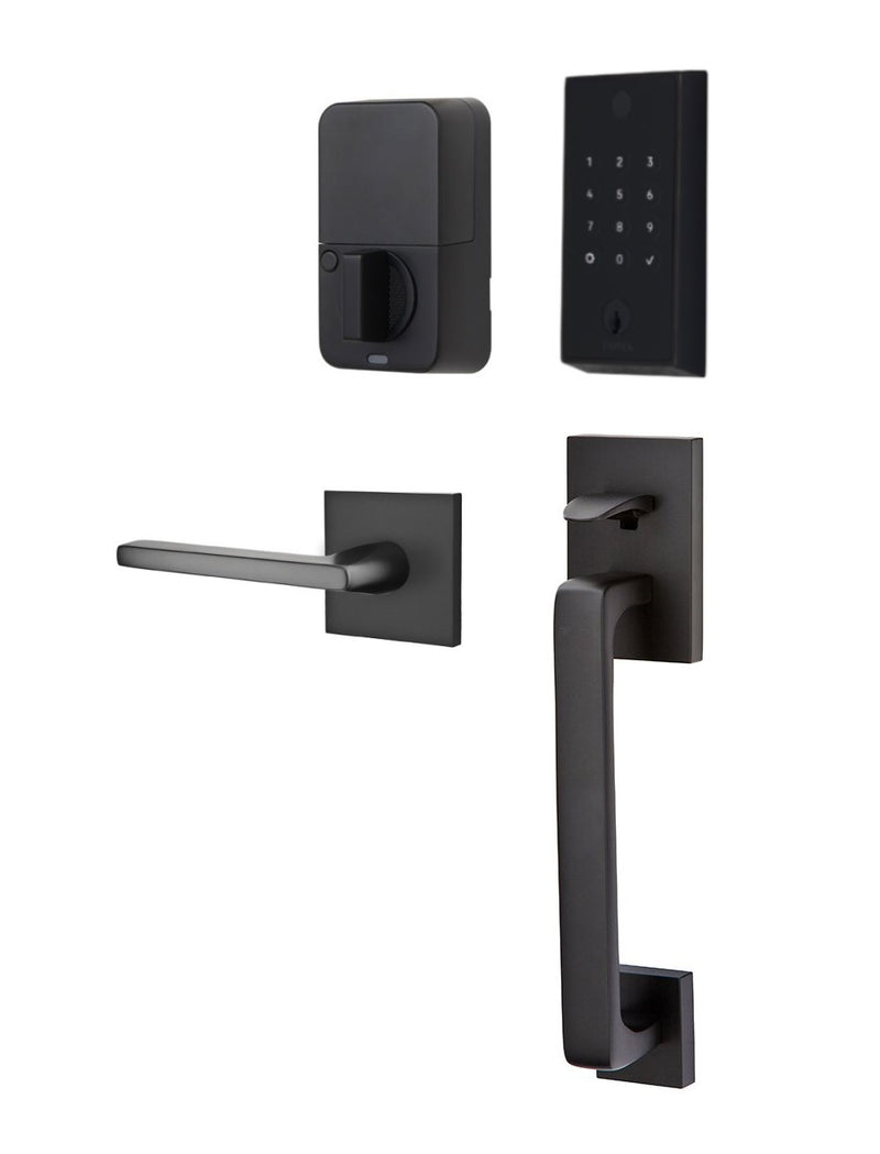 The Emtek EMPowered 2 Touch Entry Set with Baden Grip and Interior Helios Lever in Flat Black finish.