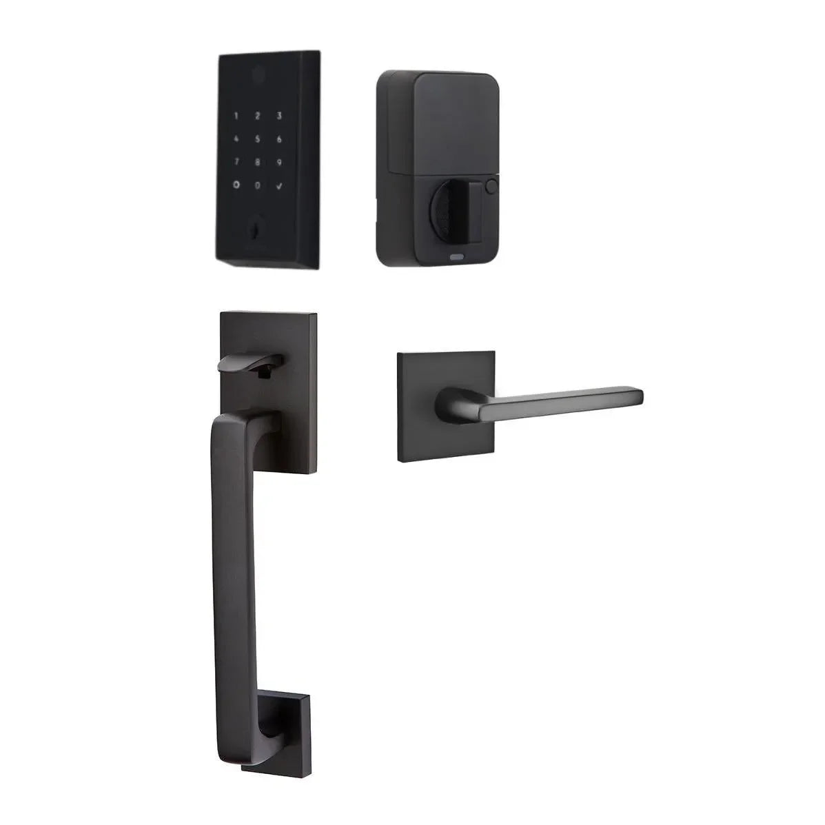 The Emtek EMPowered 2 Touch Entry Set with Baden Grip and Interior Helios Lever in Flat Black finish.