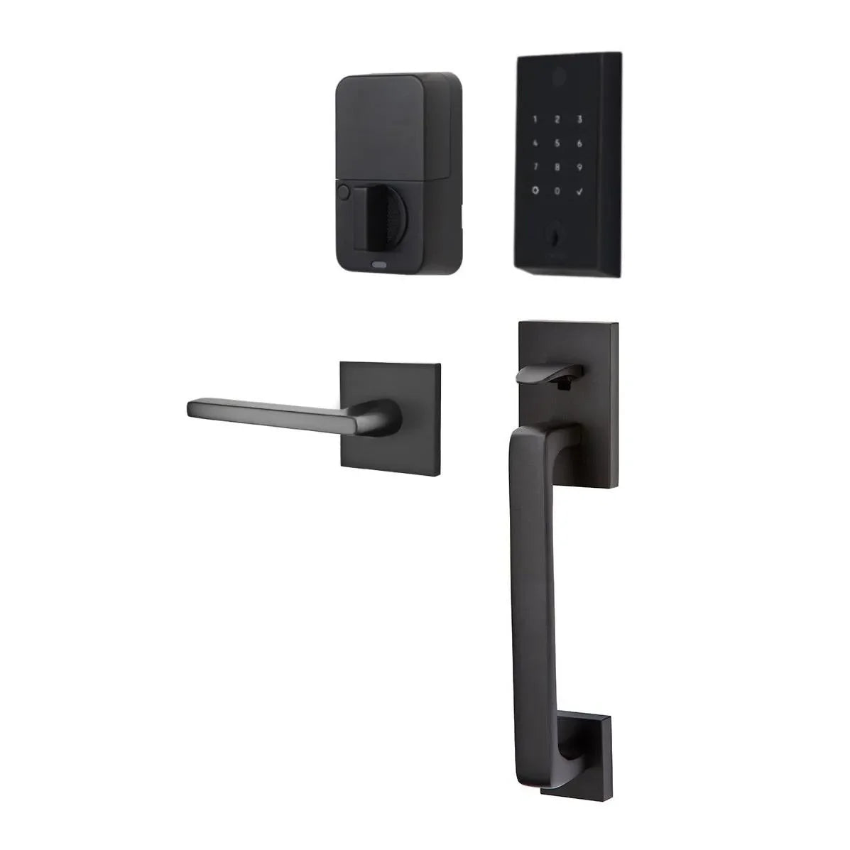 The Emtek EMPowered 2 Touch Entry Set with Baden Grip and Interior Helios Lever in Flat Black finish.