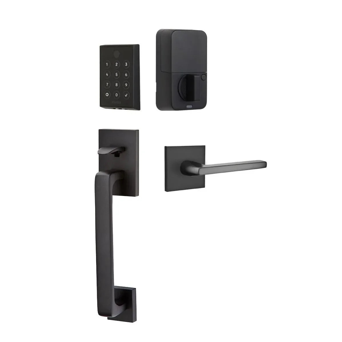 The Emtek EMPowered 2 Touch Entry Set with Baden Grip and Interior Helios Lever in Flat Black finish.