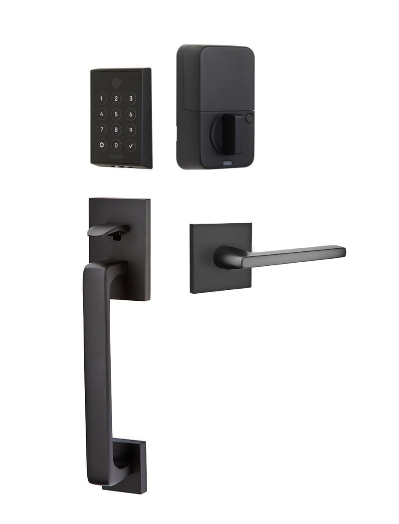 The Emtek EMPowered 2 Touch Entry Set with Baden Grip and Interior Helios Lever in Flat Black finish.