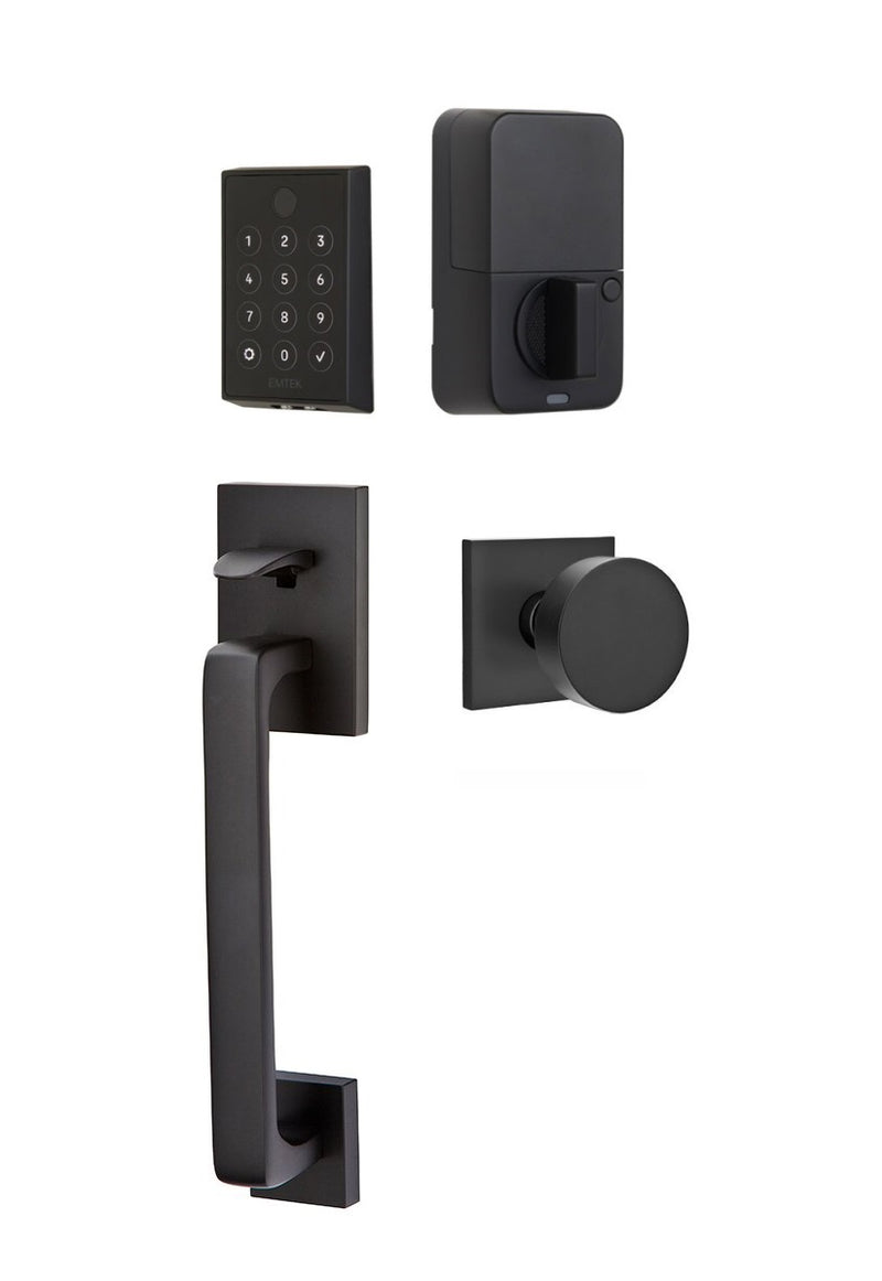 The Emtek EMPowered 2 Touch Entry Set with Baden Grip and Interior Round Knob in Flat Black finish.