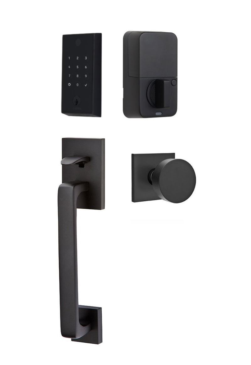 The Emtek EMPowered 2 Touch Entry Set with Baden Grip and Interior Round Knob in Flat Black finish.