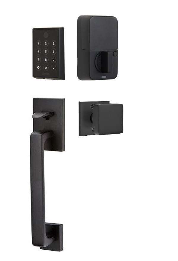 The Emtek EMPowered 2 Touch Entry Set with Baden Grip and Interior Square Knob in Flat Black finish.