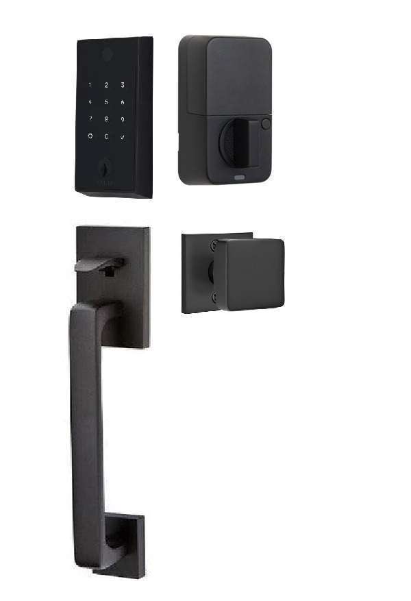 The Emtek EMPowered 2 Touch Entry Set with Baden Grip and Interior Square Knob in Flat Black finish.