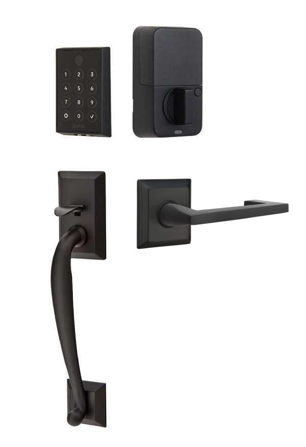The Emtek EMPowered 2 Touch Entry Set with Franklin Grip and Interior Argos Lever in Flat Black finish.