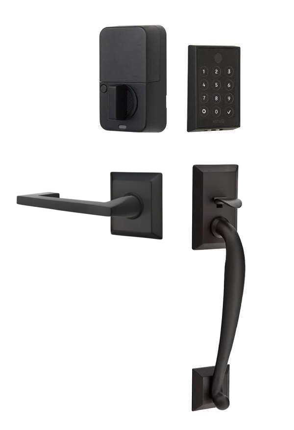 The Emtek EMPowered 2 Touch Entry Set with Franklin Grip and Interior Argos Lever in Flat Black finish.