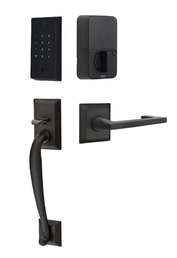The Emtek EMPowered 2 Touch Entry Set with Franklin Grip and Interior Argos Lever in Flat Black finish.