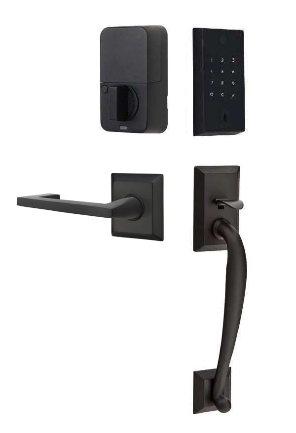The Emtek EMPowered 2 Touch Entry Set with Franklin Grip and Interior Argos Lever in Flat Black finish.