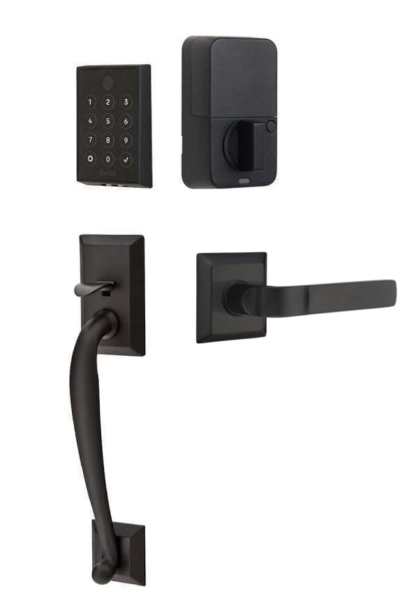 The Emtek EMPowered 2 Touch Entry Set with Franklin Grip and Interior Aston Lever in Flat Black finish.