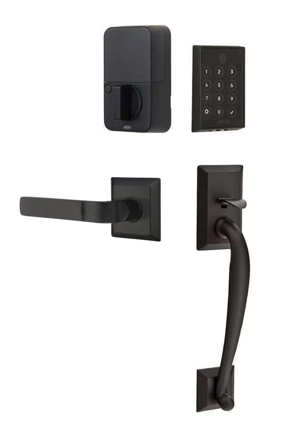 The Emtek EMPowered 2 Touch Entry Set with Franklin Grip and Interior Aston Lever in Flat Black finish.