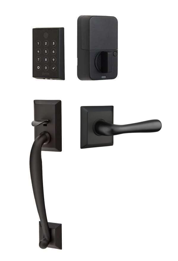 The Emtek EMPowered 2 Touch Entry Set with Franklin Grip and Interior Basel Lever in Flat Black finish.