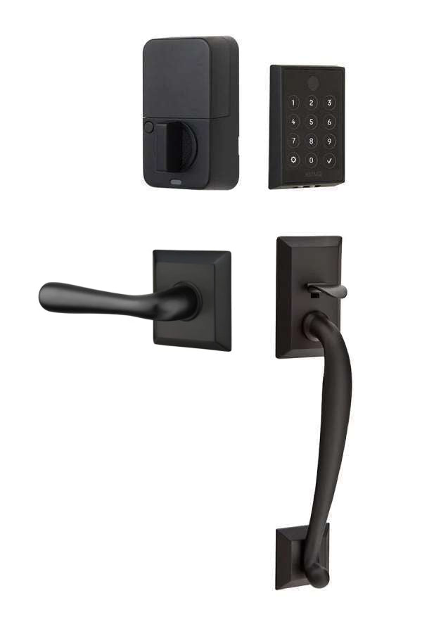 The Emtek EMPowered 2 Touch Entry Set with Franklin Grip and Interior Basel Lever in Flat Black finish.