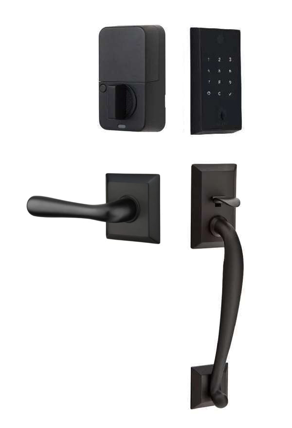 The Emtek EMPowered 2 Touch Entry Set with Franklin Grip and Interior Basel Lever in Flat Black finish.