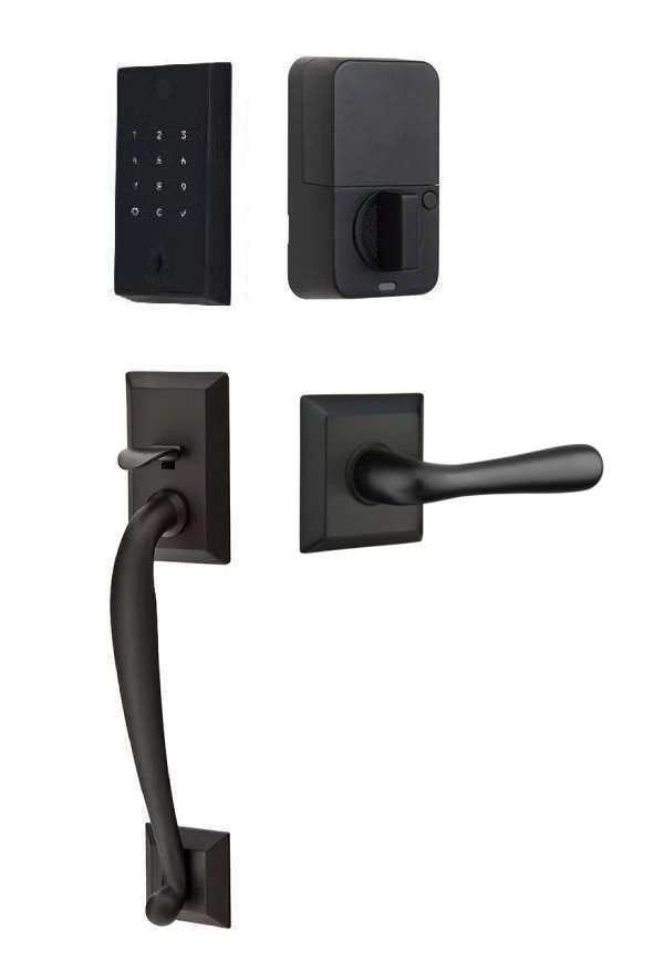 The Emtek EMPowered 2 Touch Entry Set with Franklin Grip and Interior Basel Lever in Flat Black finish.