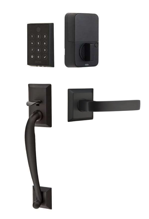 The Emtek EMPowered 2 Touch Entry Set with Franklin Grip and Interior Breslin Lever in Flat Black finish.