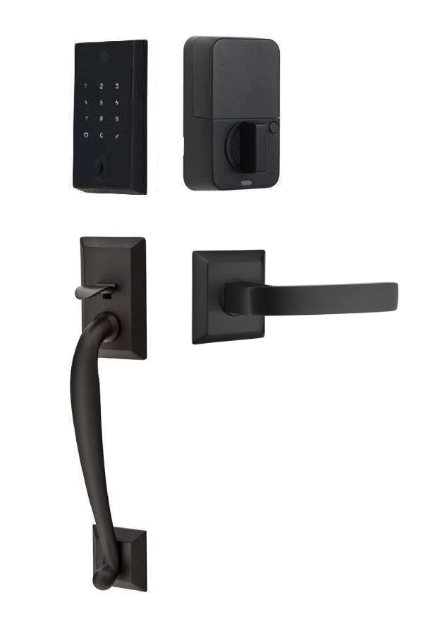 The Emtek EMPowered 2 Touch Entry Set with Franklin Grip and Interior Breslin Lever in Flat Black finish.