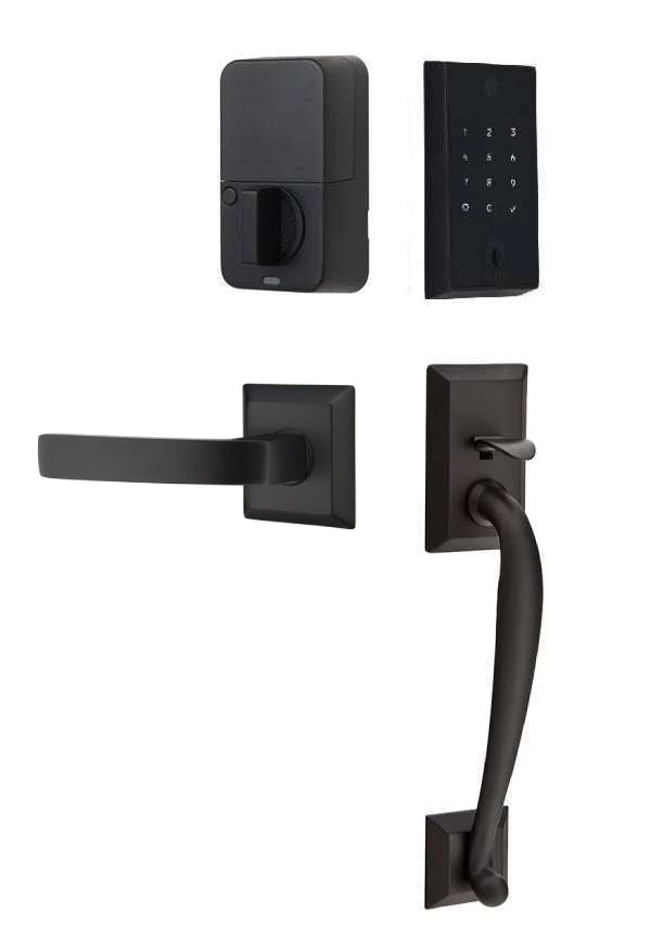 The Emtek EMPowered 2 Touch Entry Set with Franklin Grip and Interior Breslin Lever in Flat Black finish.