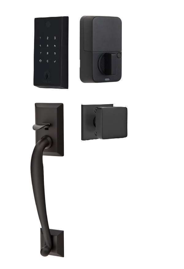 The Emtek EMPowered 2 Touch Entry Set with Franklin Grip and Interior Square Knob in Flat Black finish.