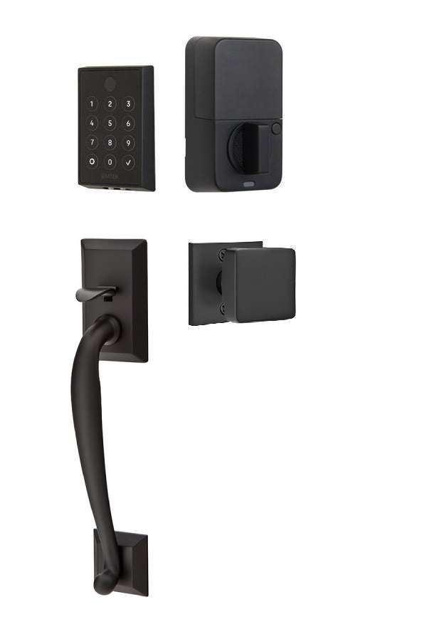 The Emtek EMPowered 2 Touch Entry Set with Franklin Grip and Interior Square Knob in Flat Black finish.