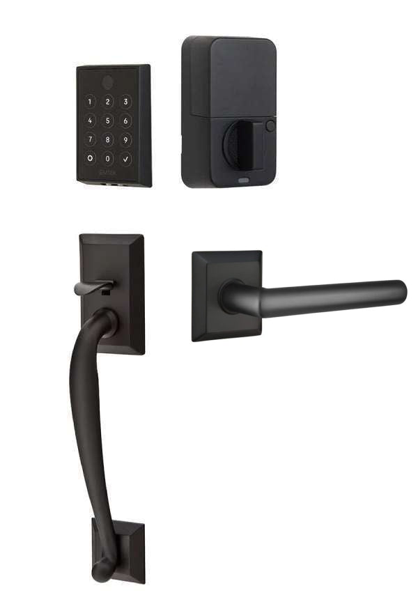 The Emtek EMPowered 2 Touch Entry Set with Franklin Grip and Interior Stuttgart Lever in Flat Black finish.