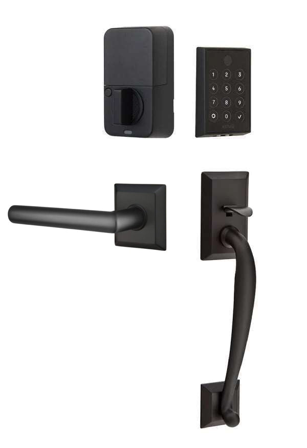 The Emtek EMPowered 2 Touch Entry Set with Franklin Grip and Interior Stuttgart Lever in Flat Black finish.