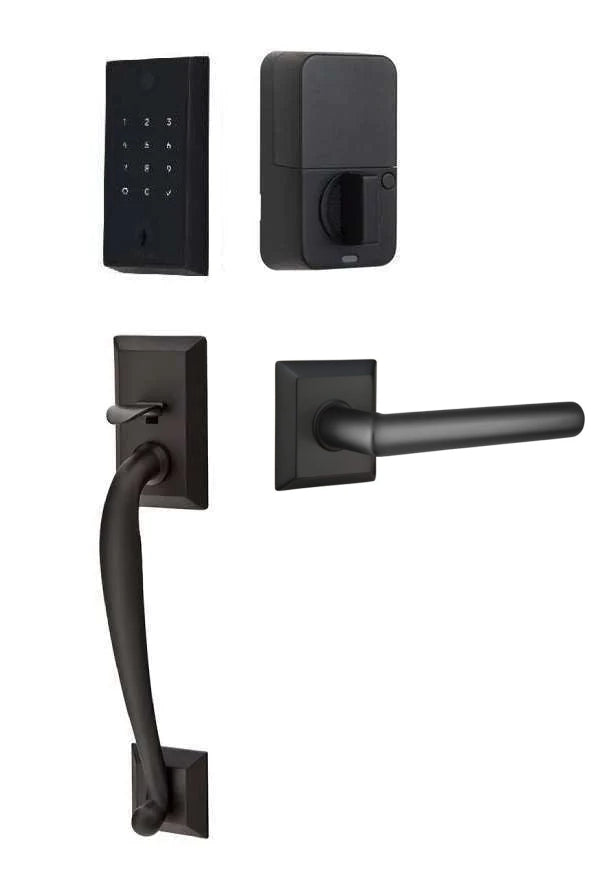 The Emtek EMPowered 2 Touch Entry Set with Franklin Grip and Interior Stuttgart Lever in Flat Black finish.