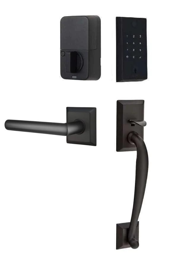 The Emtek EMPowered 2 Touch Entry Set with Franklin Grip and Interior Stuttgart Lever in Flat Black finish.