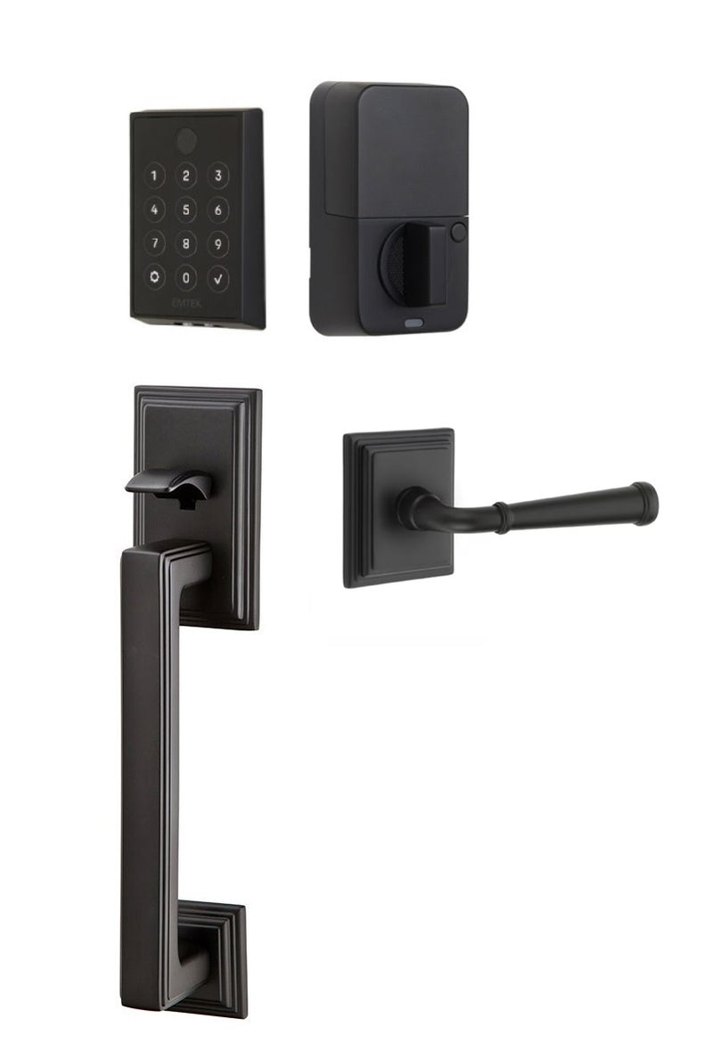 The Emtek EMPowered 2 Touch Entry Set with Hamden Grip and Interior Merrimack Lever in Flat Black finish.