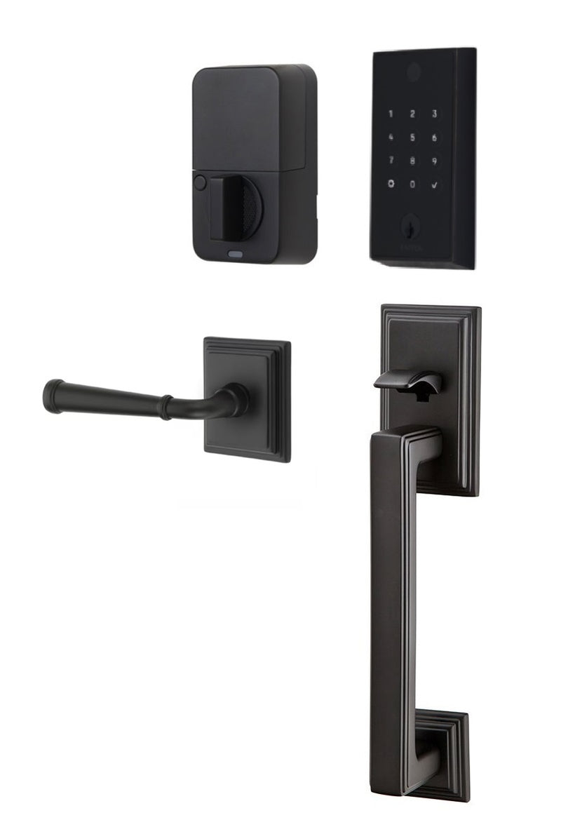 The Emtek EMPowered 2 Touch Entry Set with Hamden Grip and Interior Merrimack Lever in Flat Black finish.