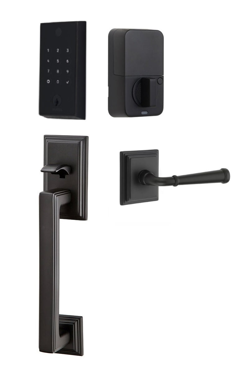 The Emtek EMPowered 2 Touch Entry Set with Hamden Grip and Interior Merrimack Lever in Flat Black finish.