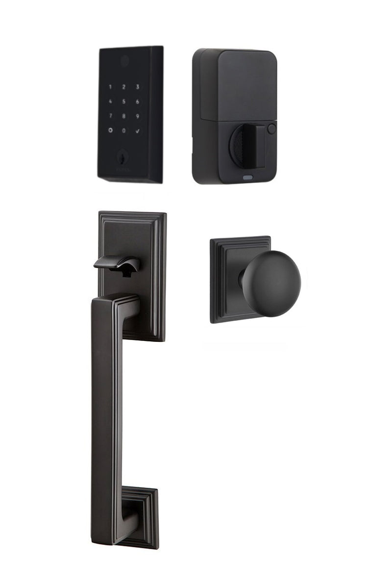 The Emtek EMPowered 2 Touch Entry Set with Hamden Grip and Interior Providence Knob in Flat Black finish.