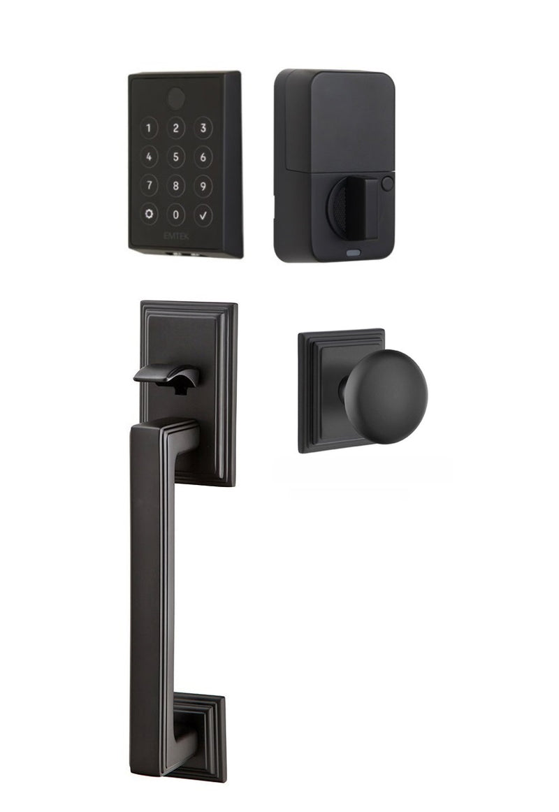 The Emtek EMPowered 2 Touch Entry Set with Hamden Grip and Interior Providence Knob in Flat Black finish.