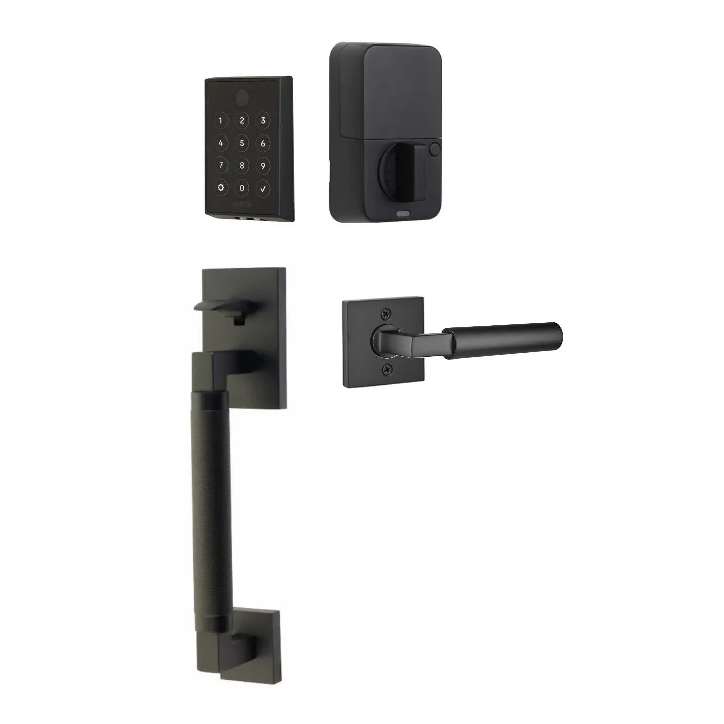 The Emtek EMPowered 2 Touch Entry Set with Hercules Knurled Grip and Interior Hercules Lever in Flat Black finish.
