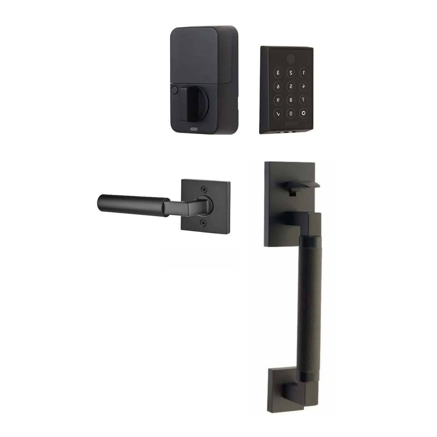 The Emtek EMPowered 2 Touch Entry Set with Hercules Knurled Grip and Interior Hercules Lever in Flat Black finish.