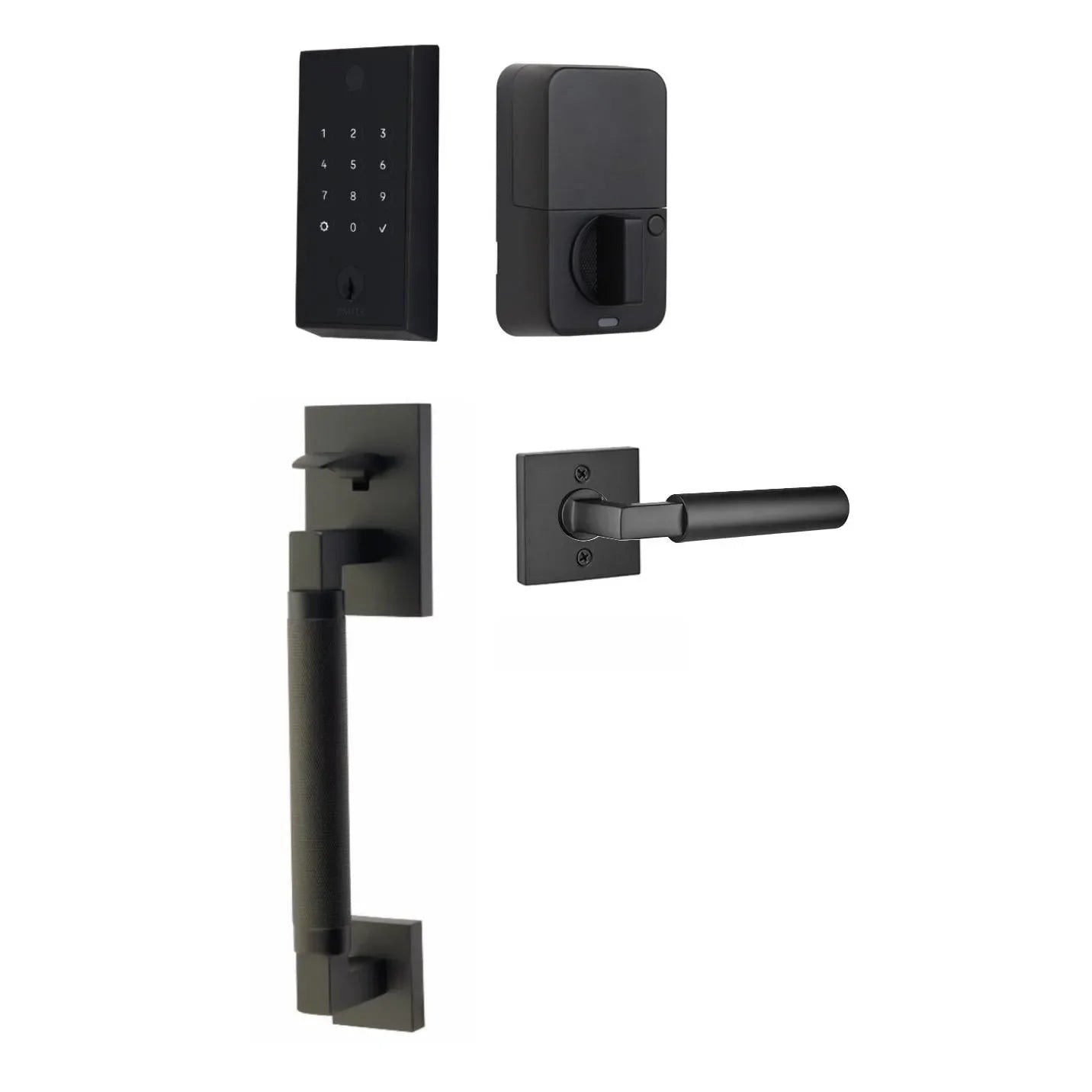 The Emtek EMPowered 2 Touch Entry Set with Hercules Knurled Grip and Interior Hercules Lever in Flat Black finish.