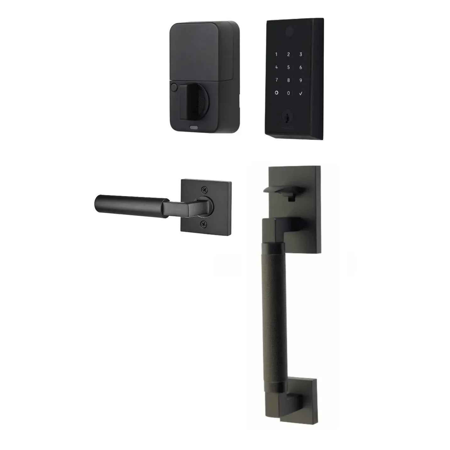 The Emtek EMPowered 2 Touch Entry Set with Hercules Knurled Grip and Interior Hercules Lever in Flat Black finish.