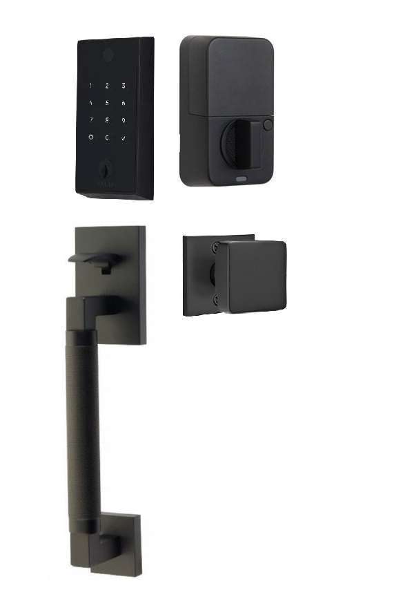 The Emtek EMPowered 2 Touch Entry Set with Hercules Knurled Grip and Interior Square Knob in Flat Black finish.