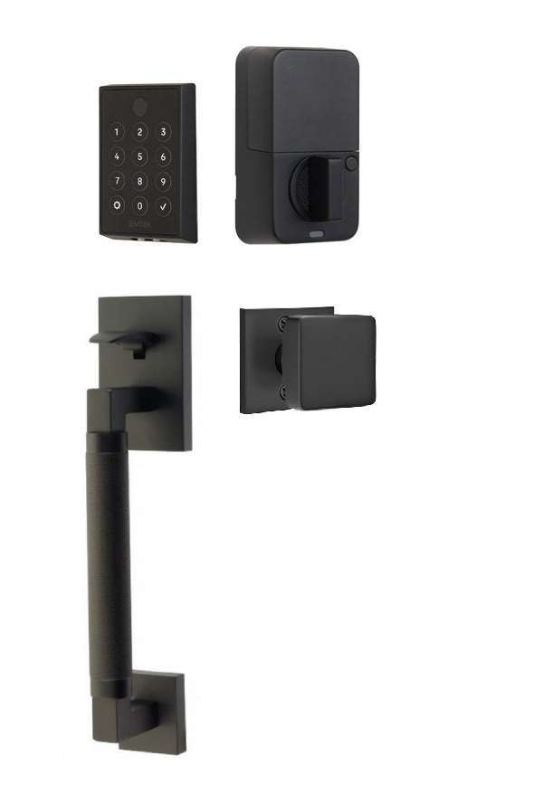 The Emtek EMPowered 2 Touch Entry Set with Hercules Knurled Grip and Interior Square Knob in Flat Black finish.