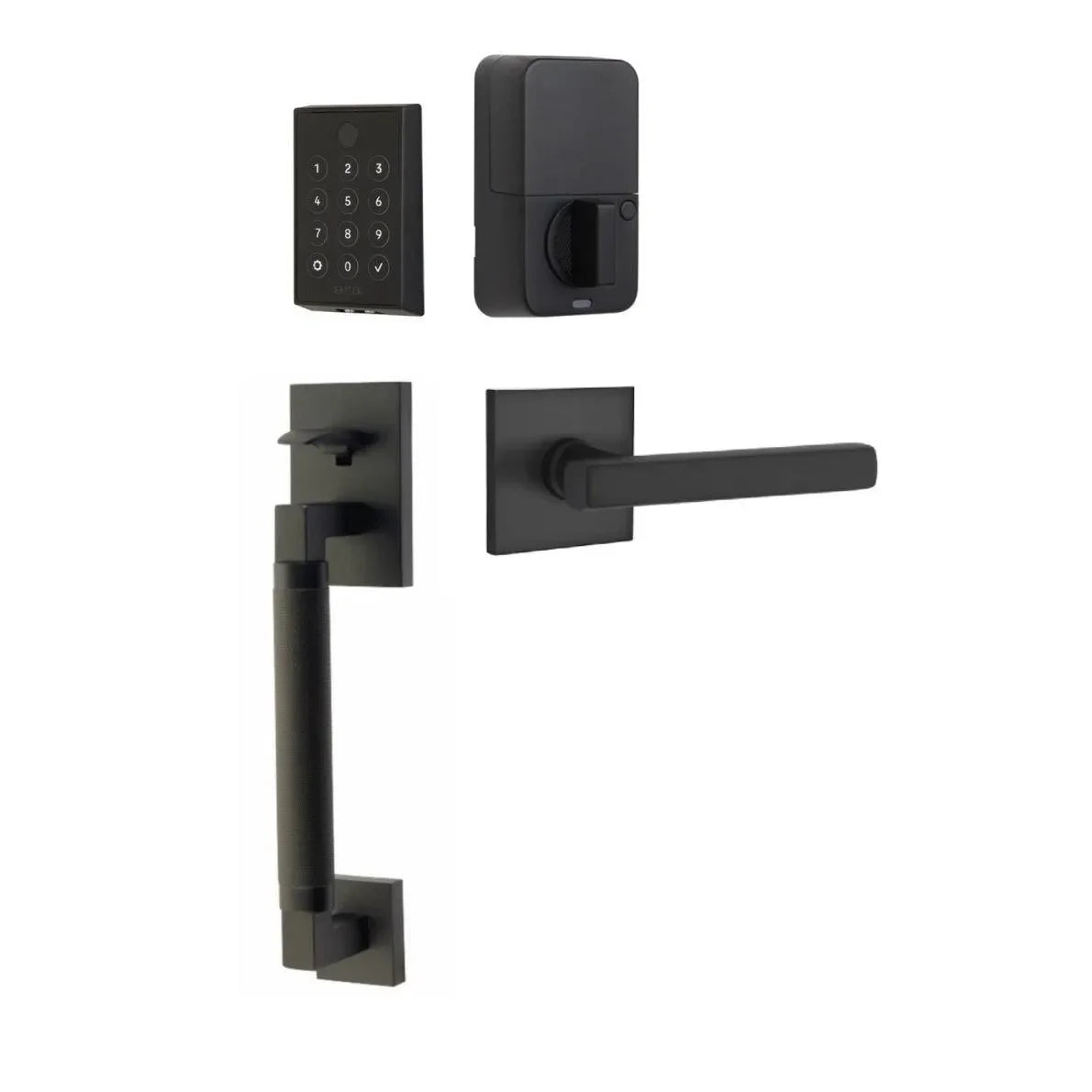 The Emtek EMPowered 2 Touch Entry Set with Hercules Smooth Grip and Interior Freestone Lever in Flat Black finish.