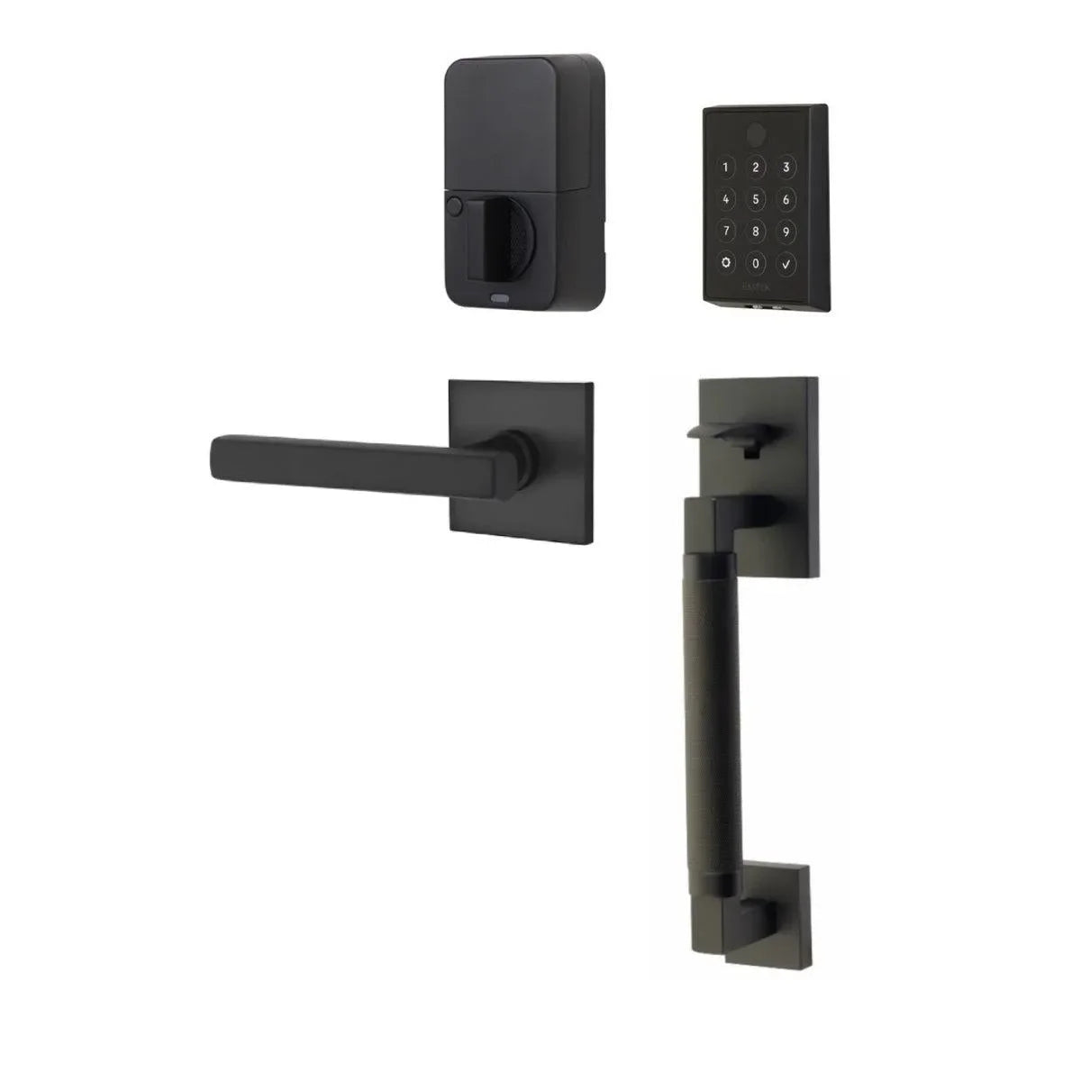 The Emtek EMPowered 2 Touch Entry Set with Hercules Smooth Grip and Interior Freestone Lever in Flat Black finish.
